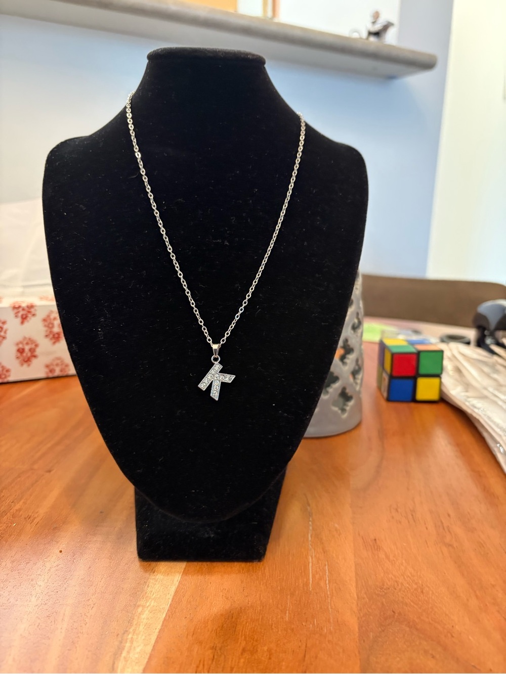 Silver Initial 'K' Pendant Necklace - Rhinestone Accent